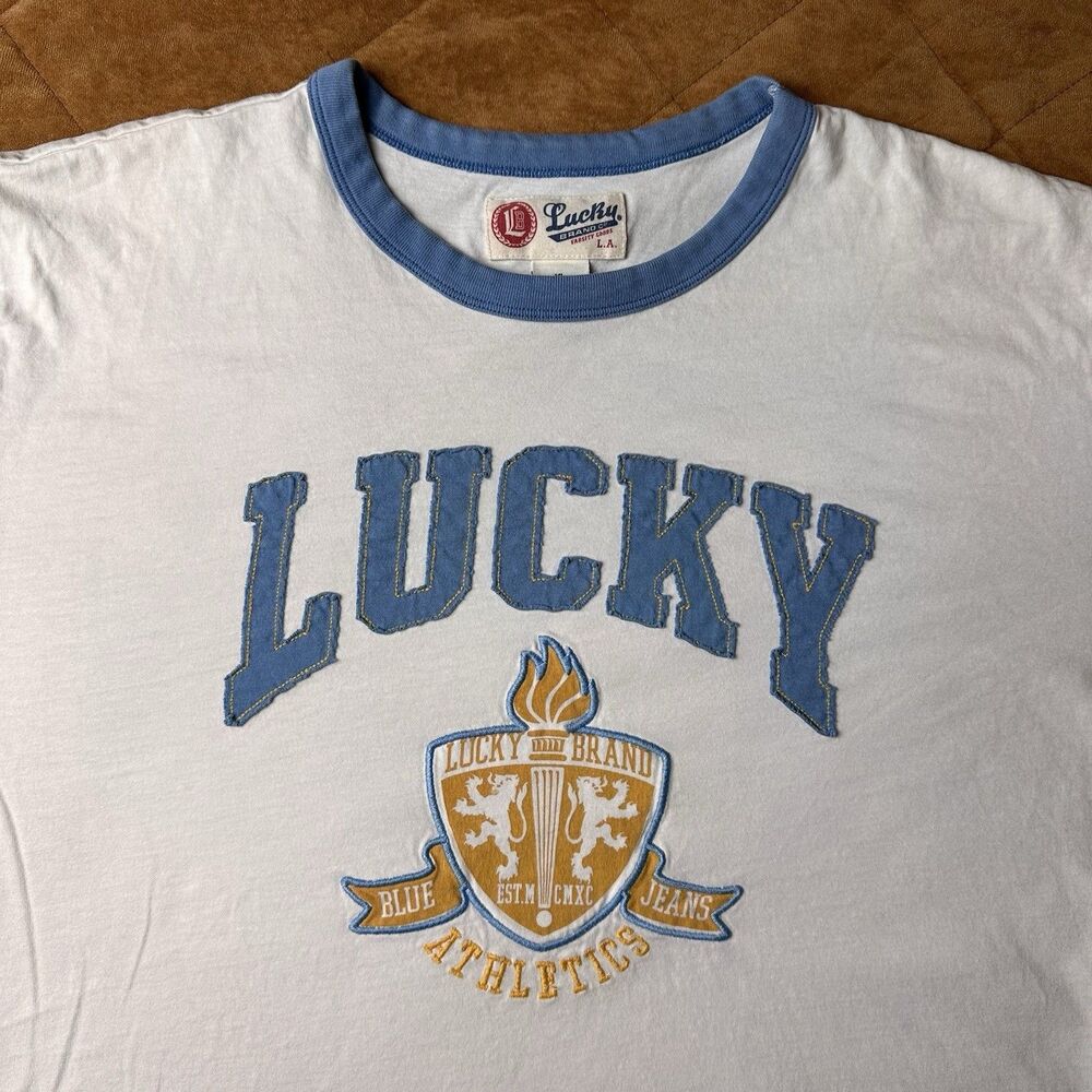 Vintage Lucky Brand Spell Out Ringer T Shirt Mens Size XL